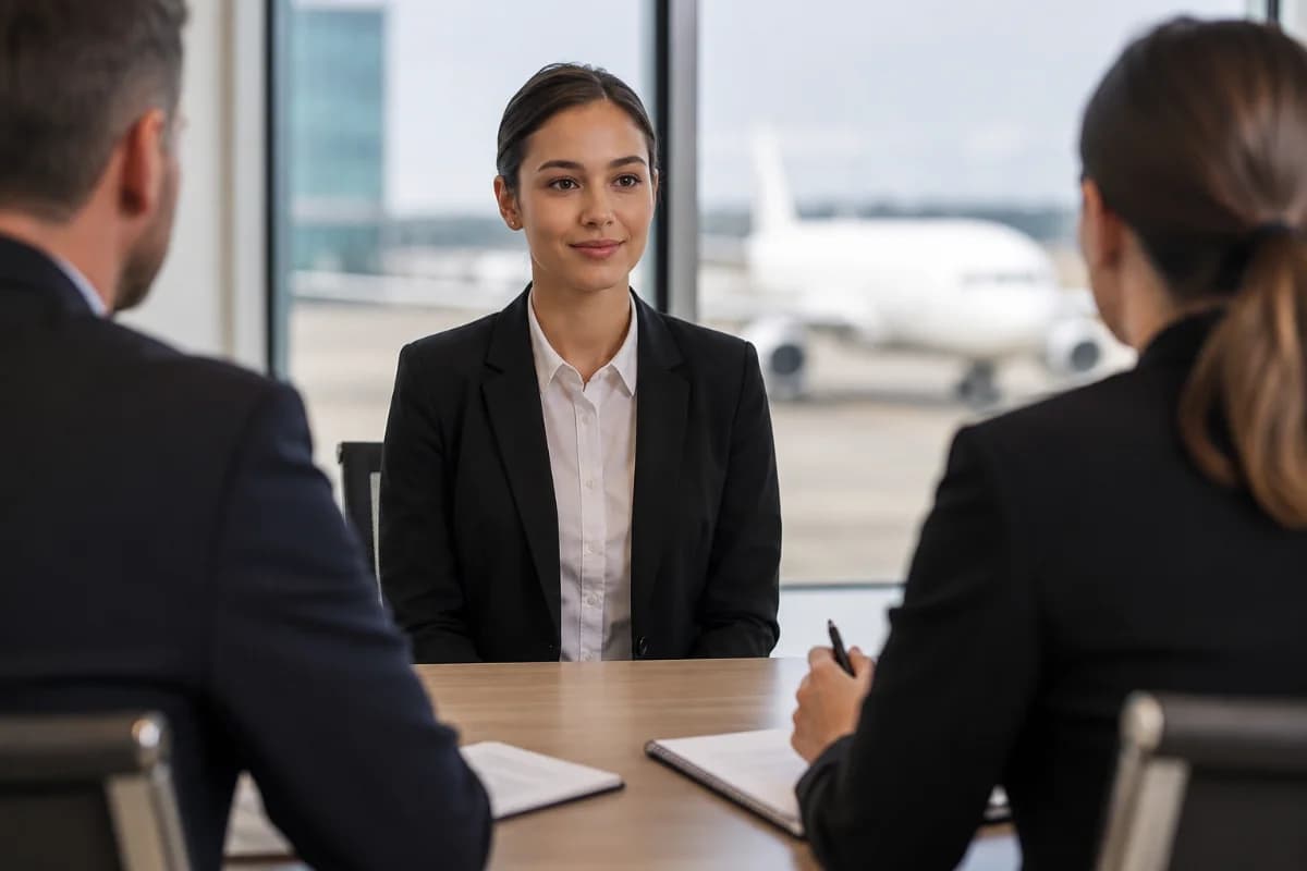 Cena realista em um escritório moderno de recrutamento em aeroporto: candidato(a) bem vestido(a) sentado(a) com postura ereta e expressão calma, mãos apoiadas de forma natural, mantendo contato visual com recrutador(a) do outro lado da mesa; ao fundo, janela ampla com vista sutil de pista e aeronave desfocada; ambiente clean e profissional, tons neutros, detalhes discretos de aviação (prancheta, crachá), composição equilibrada com foco no diálogo, profundidade de campo suave, estilo fotografia editorial corporativa, iluminação natural suave lateral, enquadramento horizontal 600x400, sem texto, sem logotipos, sem marcas d’água