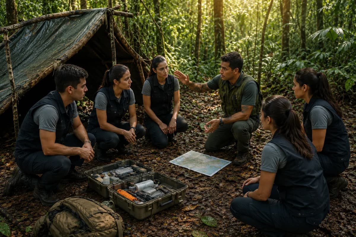 Cena realista de treinamento de sobrevivência na selva com um pequeno grupo de comissários de bordo em uniforme simples e coletes, reunidos ao redor de um abrigo improvisado feito com lona e galhos, ao lado de um kit de sobrevivência aberto (itens genéricos), um instrutor apontando para um mapa e gesticulando instruções, ambiente de floresta tropical úmida com vegetação densa e solo com folhas, luz natural filtrada por copas (golden hour suave), atmosfera séria e organizada, composição em plano médio amplo com foco no trabalho em equipe e procedimentos, enquadramento horizontal 600x400, estilo fotográfico documental, alta nitidez, sem texto, sem logotipos, sem marcas d'água
