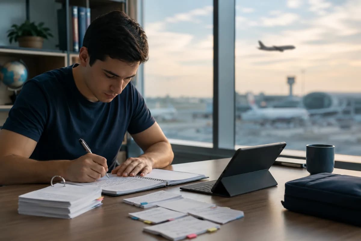 Fotografia realista em estilo editorial: estudante de comissário de bordo em uma sala de estudos moderna e silenciosa, sentado à mesa com caderno aberto, flashcards e um tablet com questões (sem texto legível), ao fundo uma janela com vista suave de aeroporto desfocado e silhueta de aeronave ao longe; composição limpa e organizada, foco no estudante e nos materiais, profundidade de campo rasa, luz natural de fim de tarde, tons neutros e azuis, atmosfera produtiva e calma; enquadramento horizontal 600x400, sem texto, sem logotipos, sem marcas d’água