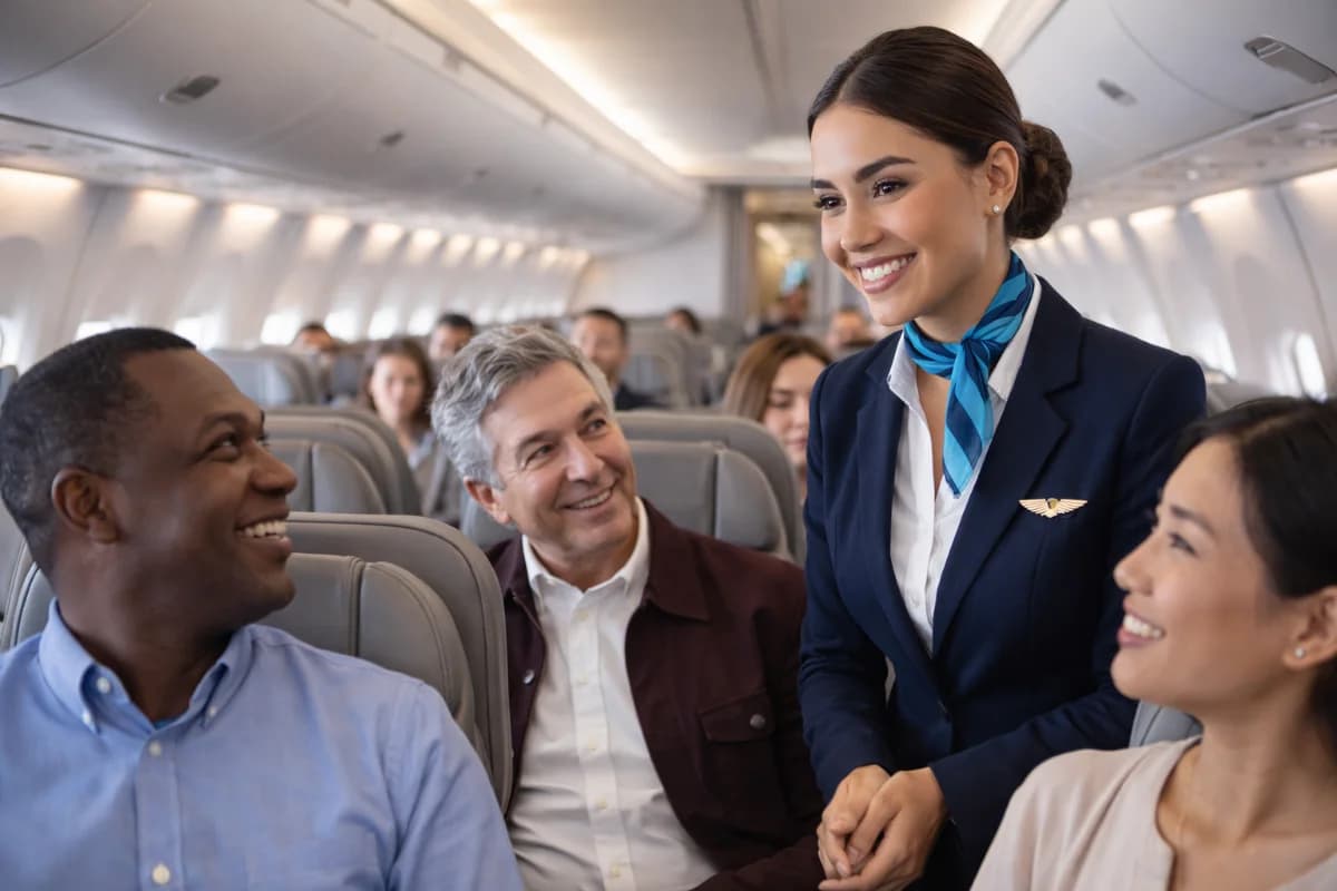 Comissário de bordo em uniforme, em um avião moderno, interagindo com passageiros de diferentes nacionalidades, iluminação suave, estilo realista, enquadramento horizontal 16:9
