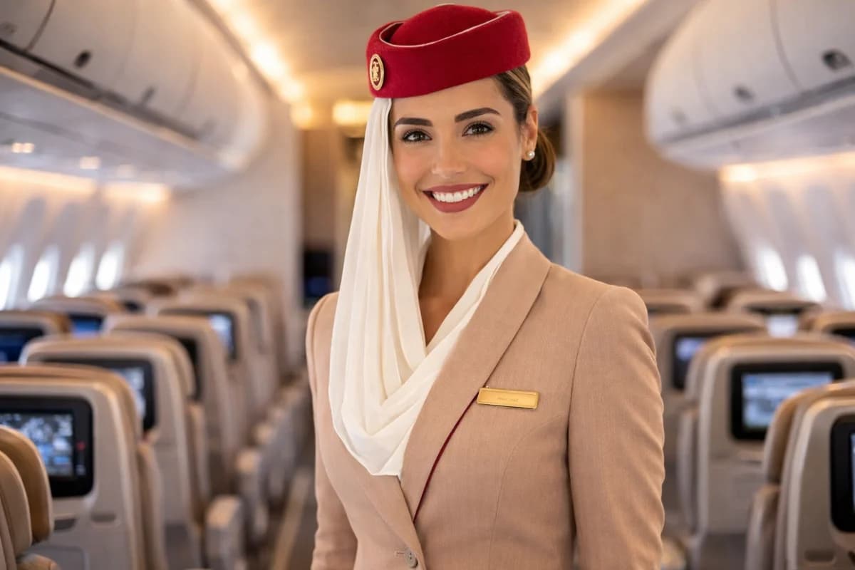 Comissário de bordo em uniforme, sorrindo, dentro de uma cabine de avião moderna, com passageiros ao fundo, iluminação suave e enquadramento horizontal 16:9