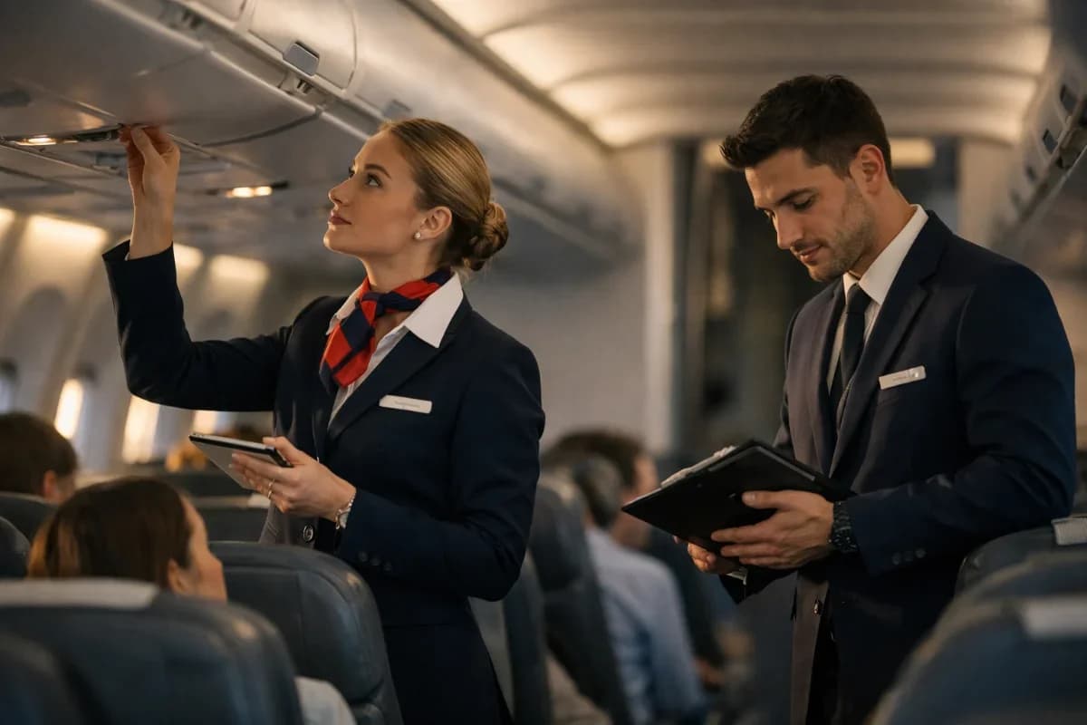 Cena realista dentro de uma aeronave comercial moderna: comissária de bordo e comissário em pé no corredor realizando checagem de segurança e atendimento, passageiros ao fundo desfocados, cabine iluminada por luz suave do amanhecer entrando pelas janelas, atmosfera profissional e dinâmica, composição cinematográfica com profundidade de campo, estilo fotográfico editorial, cores naturais, enquadramento horizontal 600x400, sem texto, sem logotipos, sem marcas d'água