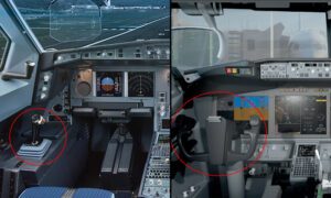 À esquerda, sidestick da Airbus; à direita, manche da Boeing
